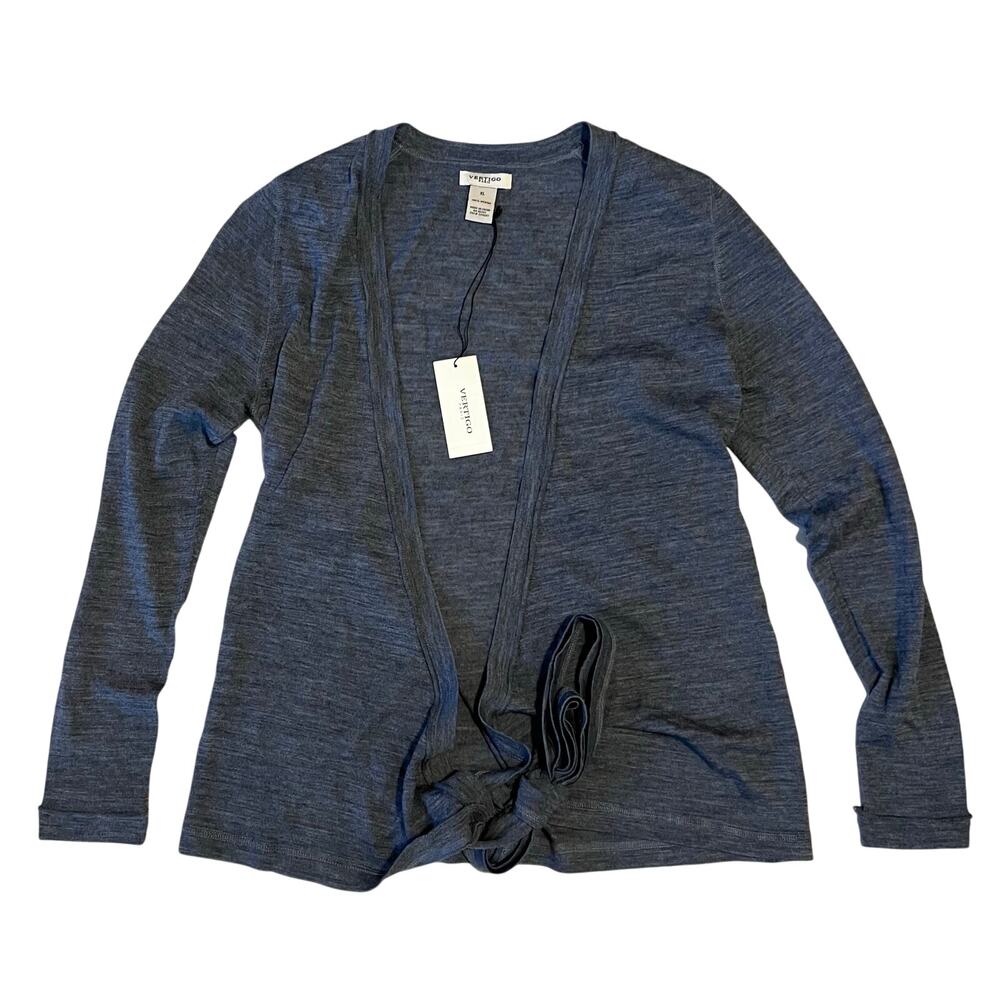 NWT Vertigo Paris Gray 100% Merino Wool Tie-Front Cardigan, Size XL